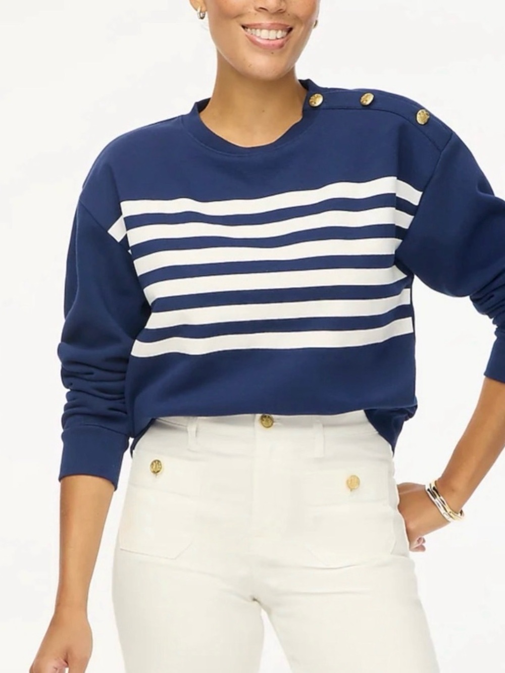 J.Crew Striped Button Shoulder
Crewneck Pullover Navy Ivory Size M